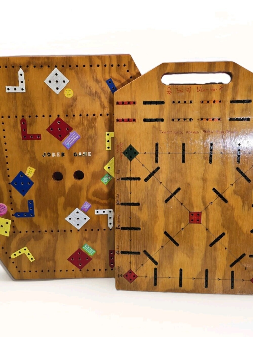 2 Handmade Wooden Traditional Korean Stick Toss Yut Nori & Joker Game Boards